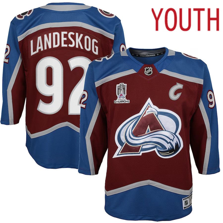 Youth Colorado Avalanche #92 Gabriel Landeskog Burgundy Home 2022 Stanley Cup Champions Premier Player NHL Jersey